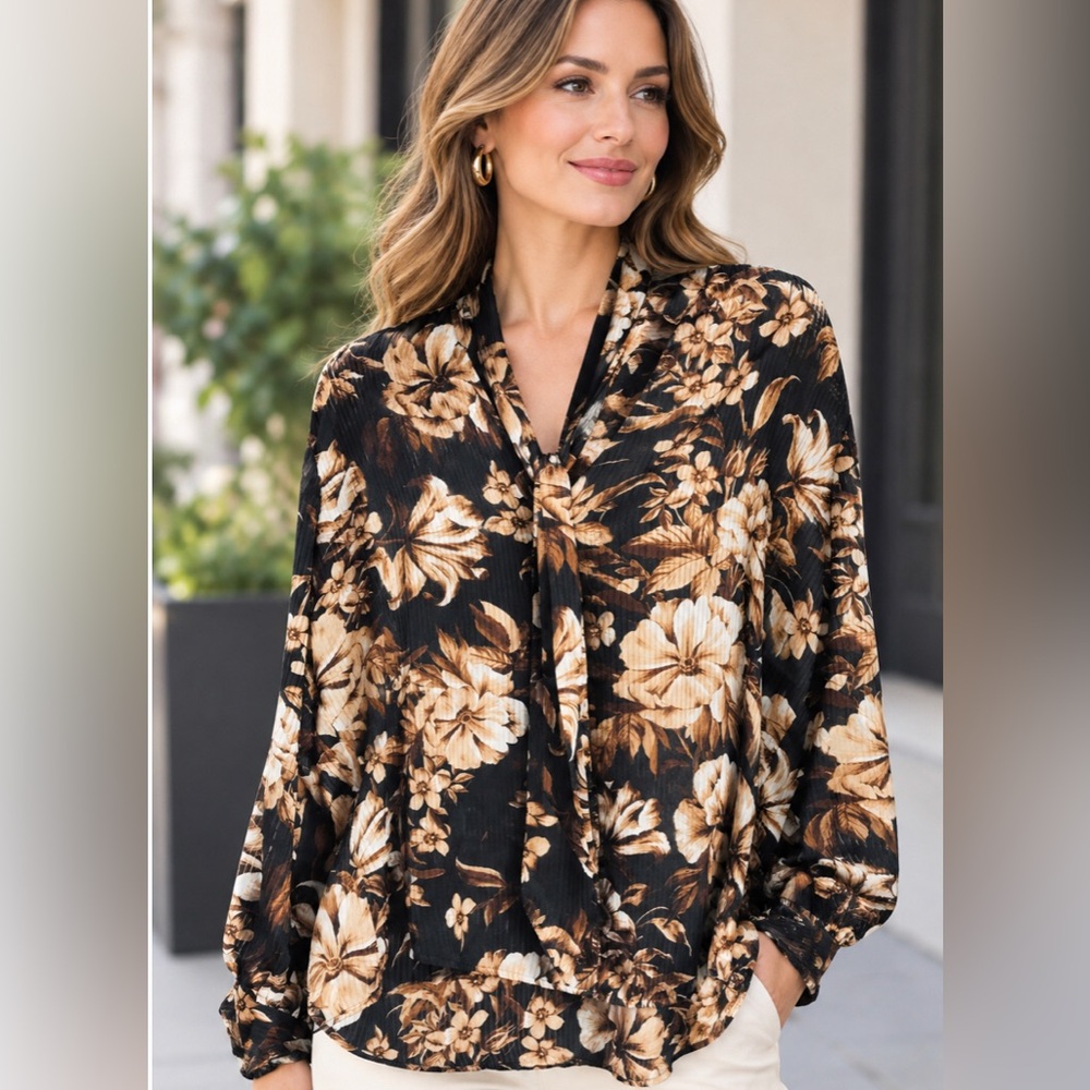 Express Floral Satin Chic Blouse in Black and Cream XL